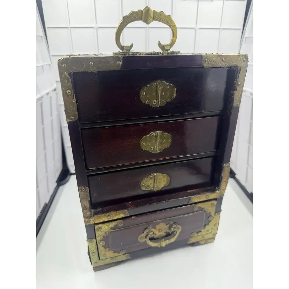Stunning Antique Asian Jewelry Box w/ Ornate Brass, Chinese Carved Jade Inserts